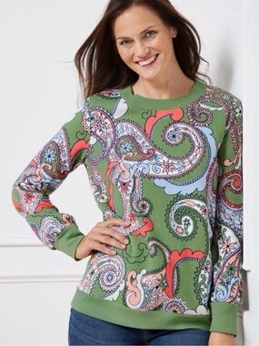 Talbots Green Blue Paisley Crew Neck Pullover Sweatshirt Size XL